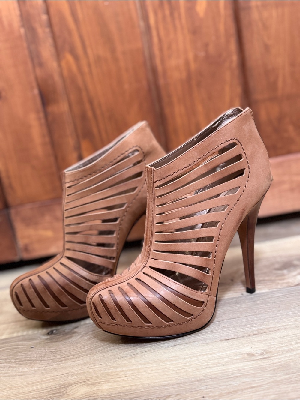 BCBGeneration Tan Cutout High Heel Bootie